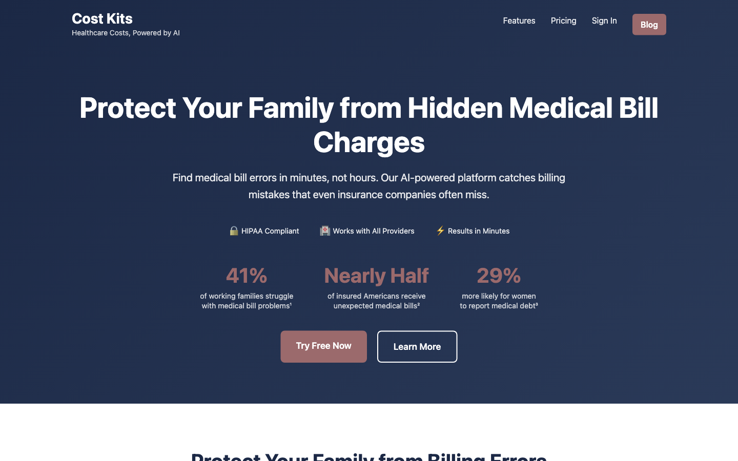 CostKits homepage hero section showing value proposition for medical bill analysis